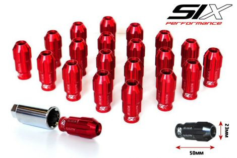 SIX Lightweight ALU7075 Lug Nuts 12x1.50 Red Anti-Theft V3